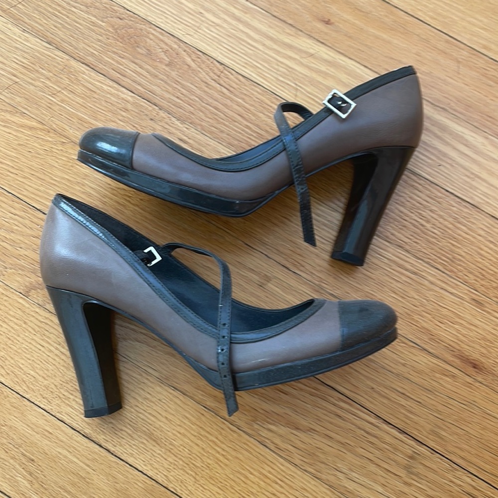Strappy grey 2 tone chunky heels, mary jane style